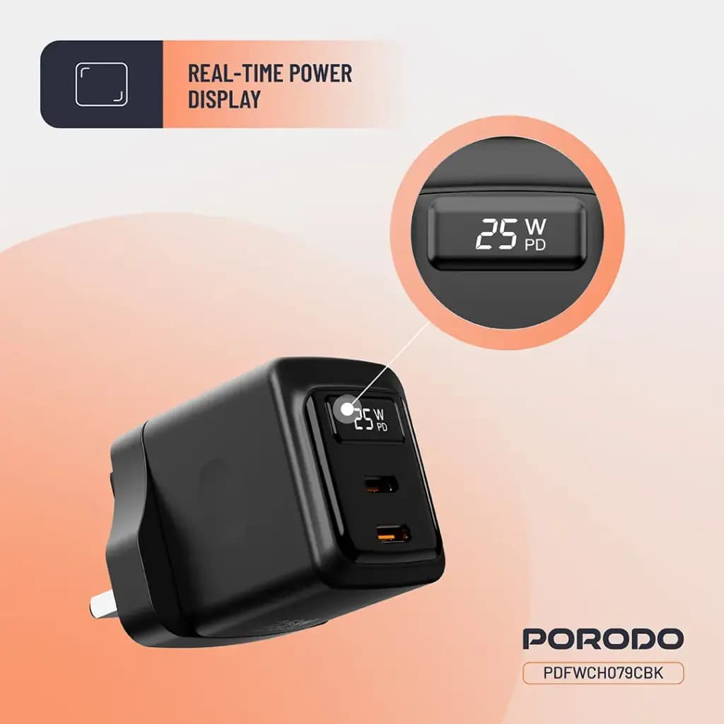 Porodo GaN 25W Dual USB-C Wall Charger With Type-C to Type-C Cable