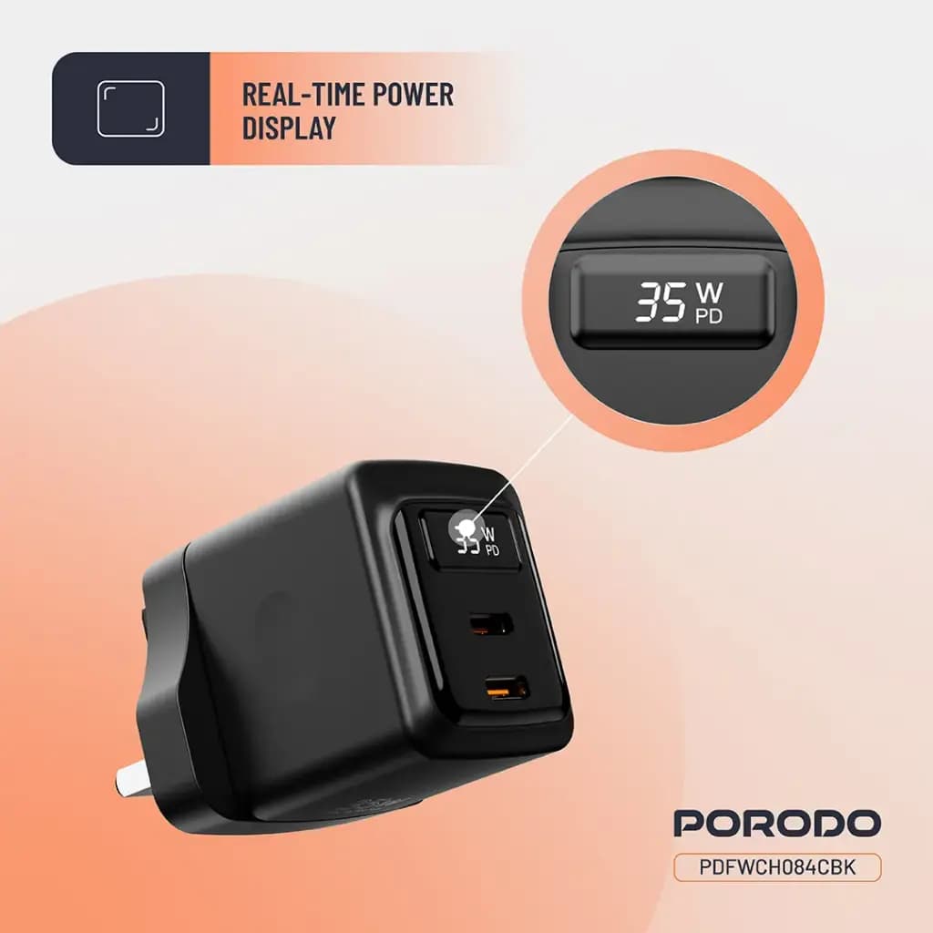 Porodo GaN 35W Dual USB-C Wall Charger with Type-C To Type-C Cable