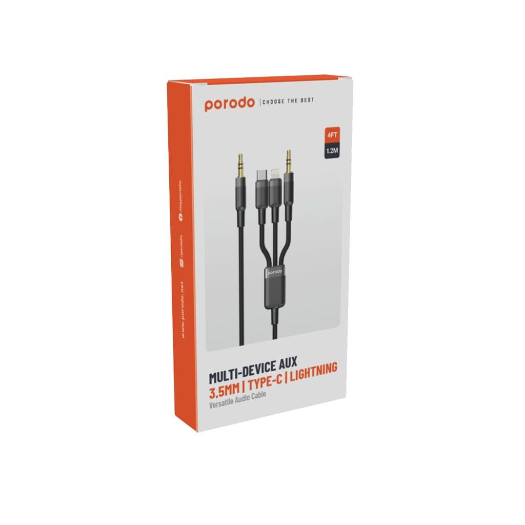 Porodo Multi-Device AUX 3.5mm|Type-C|Lightning Cable 4ft