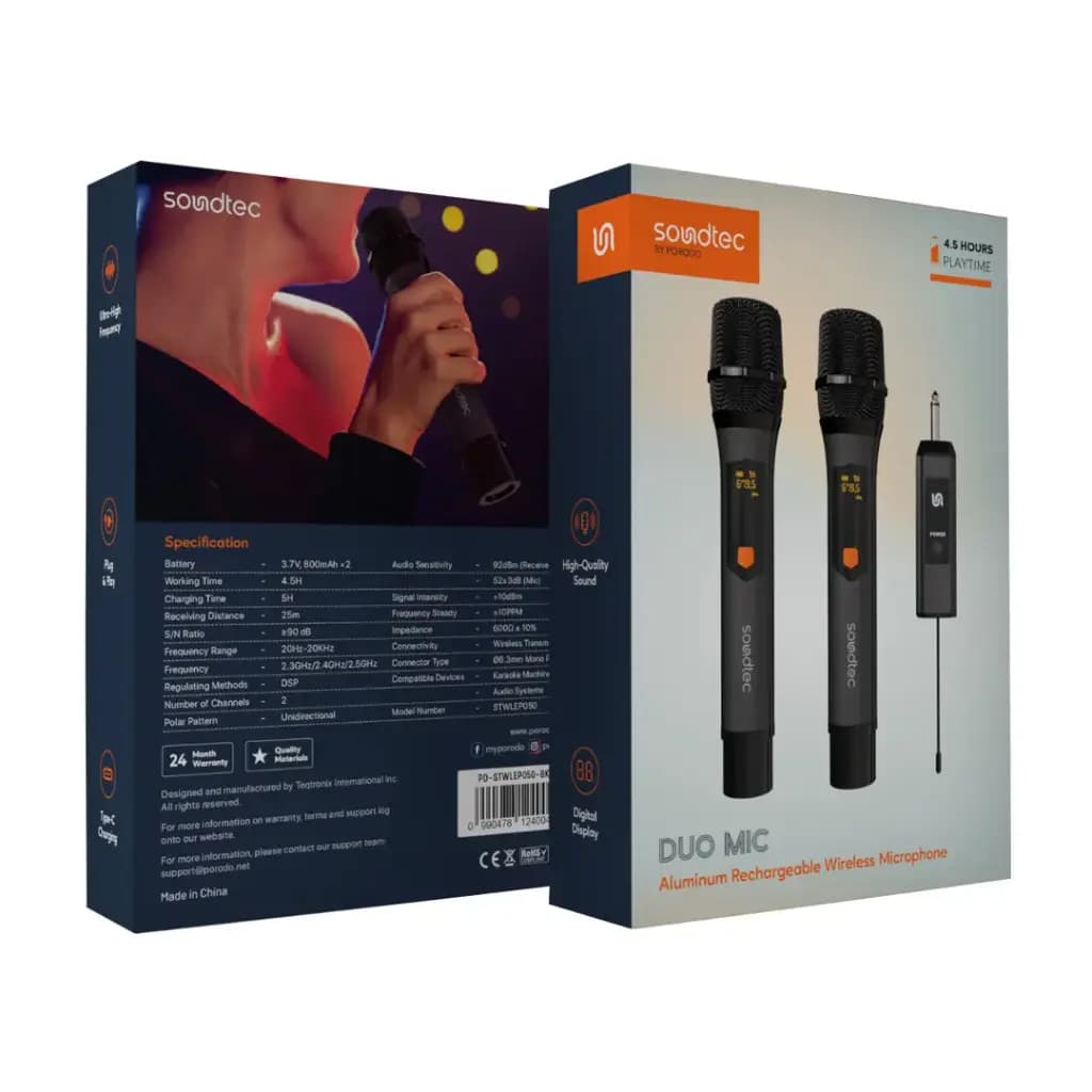 Porodo Soundtec Duo Mic Aluminum Rechargeable Wireless Microphone