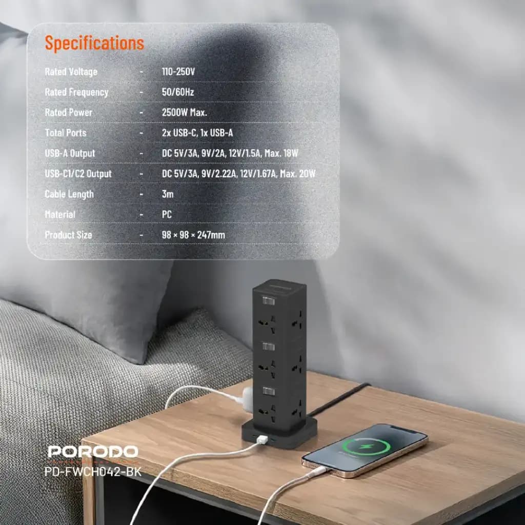 Porodo Three-Story 12AC Power Hub With USB-C PD & Quick Charge 3.0