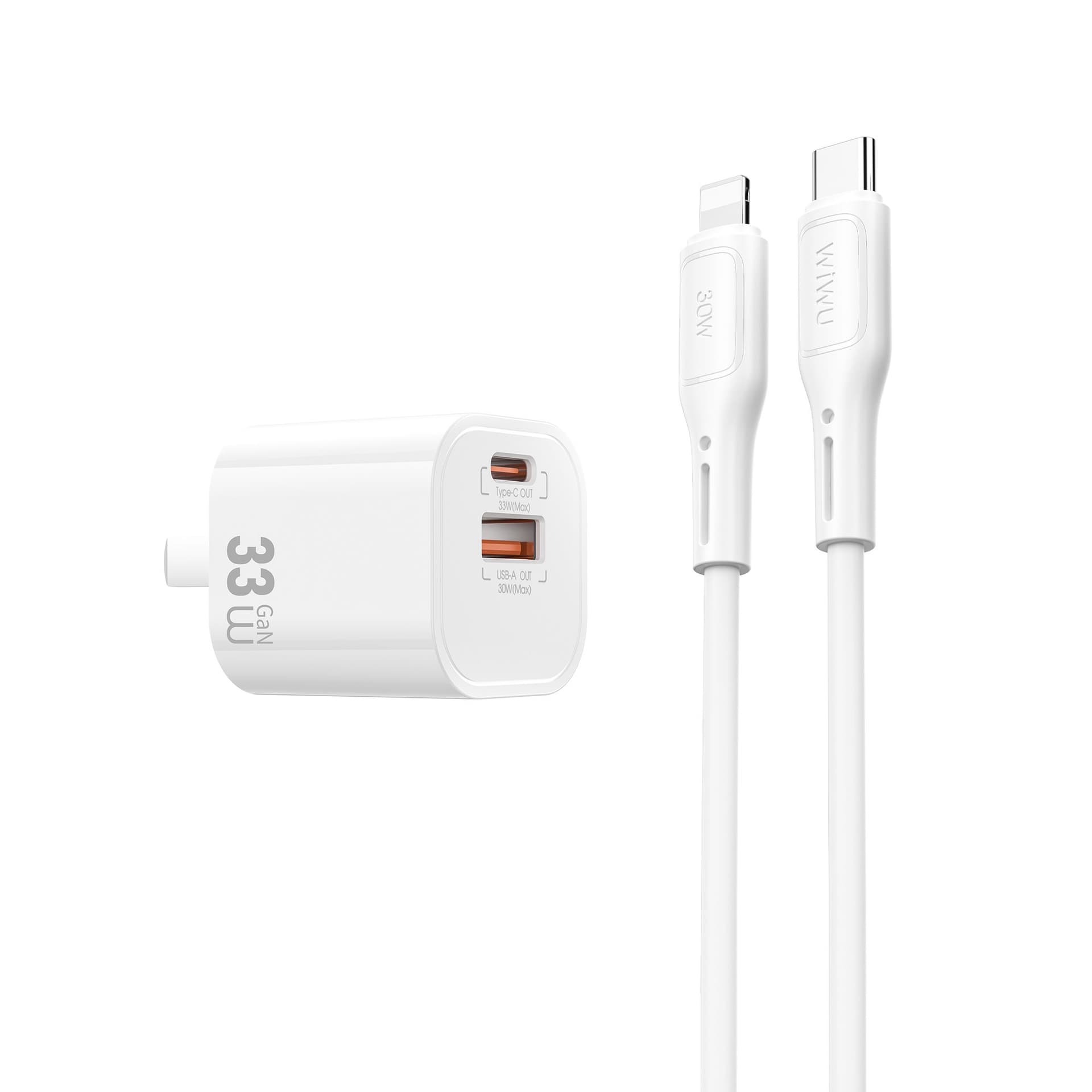 WiWU WI-G018 Cube 33W GaN Fast Charger with USB-A & Type-C Ports and Type-C to Lightning Cable