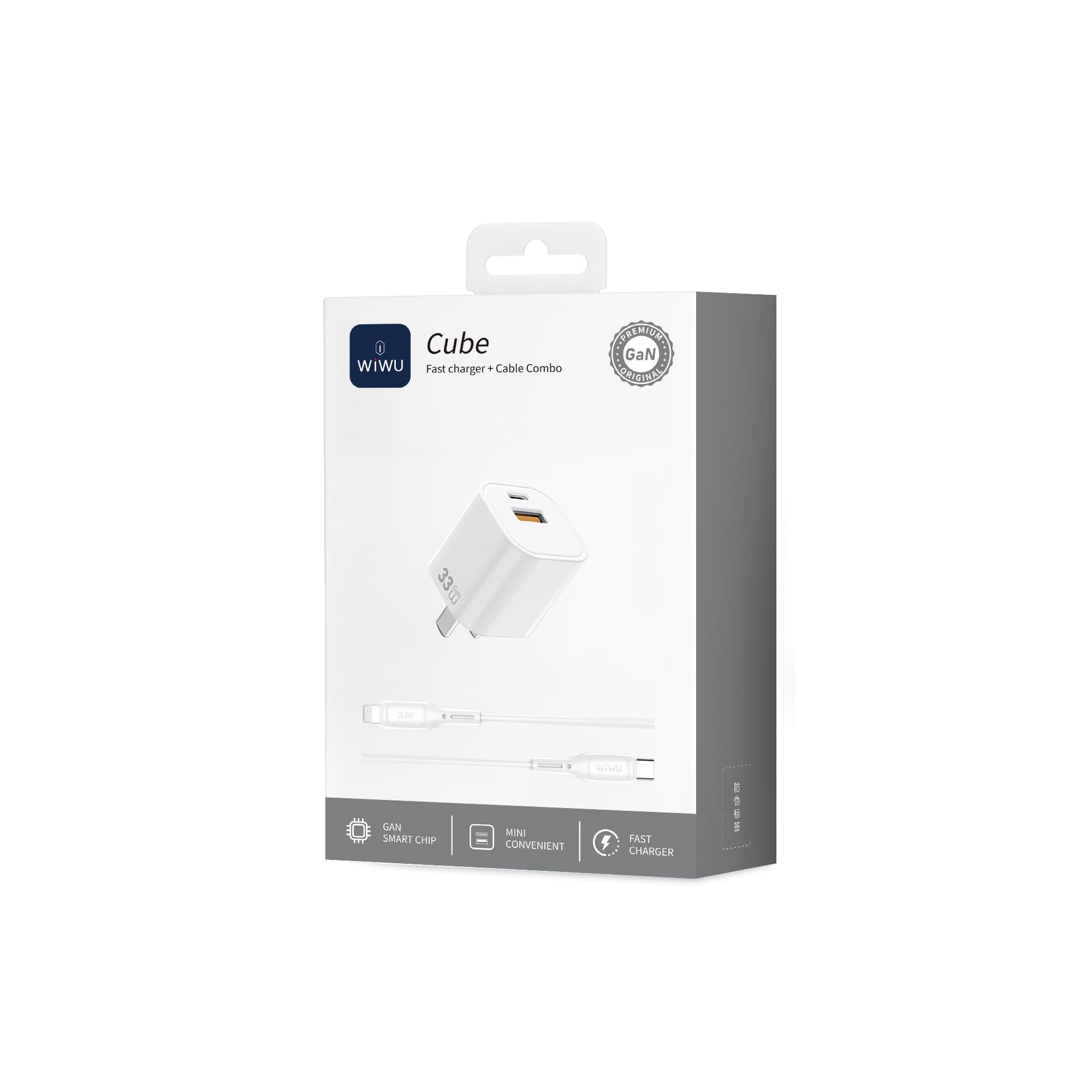 WiWU WI-G018 Cube 33W GaN Fast Charger with USB-A & Type-C Ports and Type-C to Lightning Cable