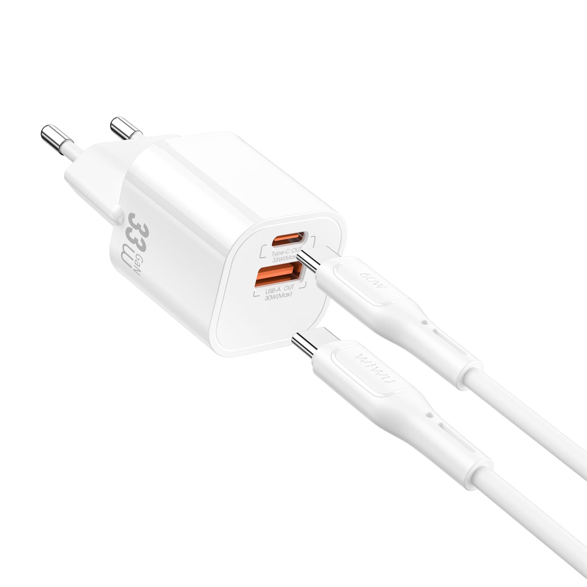 WiWU WI-G018 Cube 33W GaN Fast Charger Combo USB-A and Type-C with Type-C to Type-C Cable - White