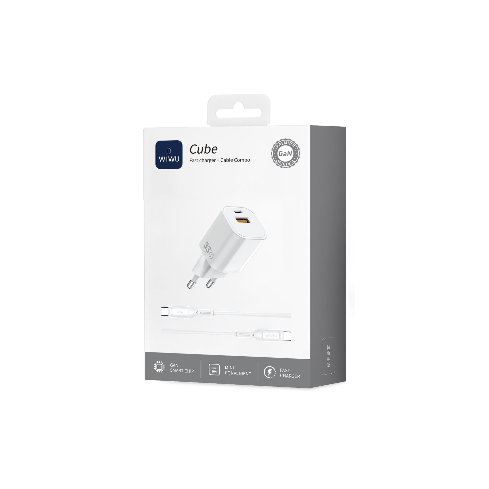 WiWU WI-G018 Cube 33W GaN Fast Charger Combo USB-A and Type-C with Type-C to Type-C Cable - White